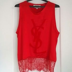 YSL - vintage silk lace velvet logo top